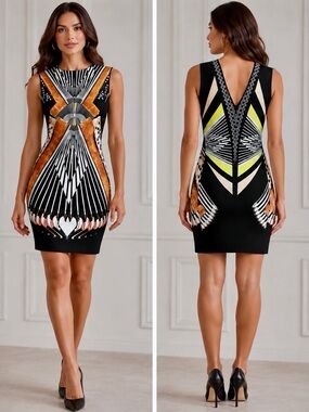 Clover Canyon Geometric Bodycon Neoprene Scuba Optical Illusion Dress L